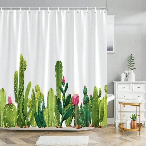 150 x 180 cm Duschvorhang mit Kaktusmotiv, Wüsten- und Sukkulenten-Grünpflanzen-Design, wasserdichter Stoff mit 12 Haken