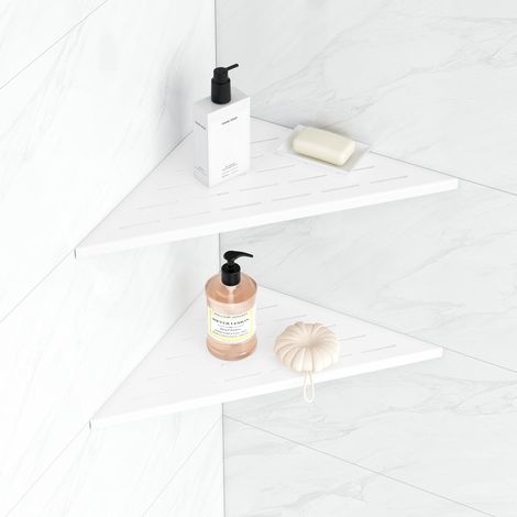 Étagère d'angle à 90° en Acier Inoxydable, Porte Savons Douche Triangulaire pour Mur Carrelé, Rangement de Salle de Bain Aucune perceuse requise, Lot de 2, 31CM, Blanc (1/5)