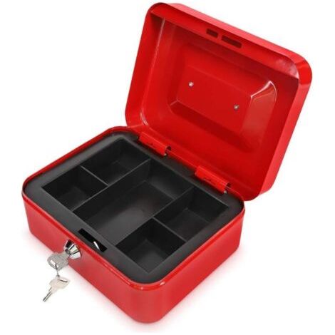 Cassetta di sicurezza - Dispenser per monete 20 x 15 x 9 cm in acciaio per monete e banconote - Cassetta di sicurezza con vassoio rimovibile, 5 scomparti e 2 chiavi (1/4)