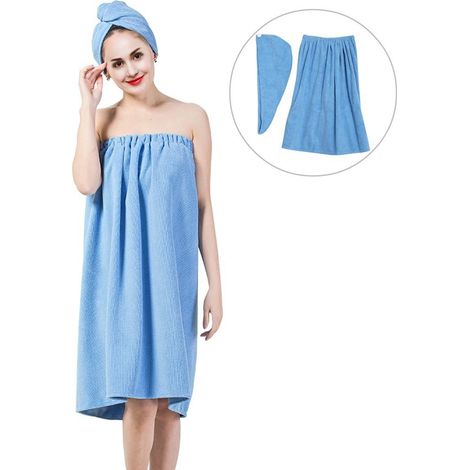 Lot de serviette douce spa pour corps, peignoir de bain et bonnet séchage rapide pour cheveux, bleu (1/4)