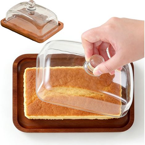 Butterdose mit Glasdeckel (18 x 12 x 10 cm), Holzdeckel aus Akazienholz, stilvolle Butterdose/Butterbehälter, vielseitig verwendbare Servierplatte für Küche, Esstisch und Kühlschrank (1/5)