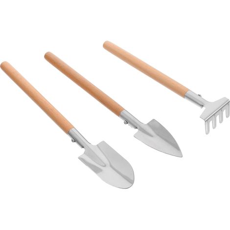 Kit D'outils de Jardinage à Main en Bois 3 Pièces avec Petite Truelle, Râteau et Bêche, Mini Outils Compacts pour Plantation de Fleurs en Pot, Portable et Ergonomique, Jardinage (1/5)