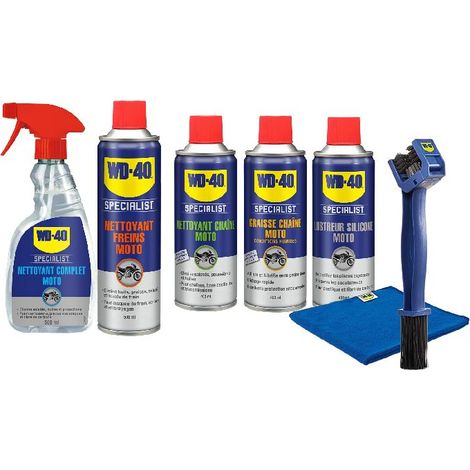 Wd-40 – Kit d'entretien moto 5 produits – Nettoyant chaîne 400 ml – Graisse chaîne 400 ml – Lustreur silicone 400 ml – Nettoyant freins 500 ml (1/3)