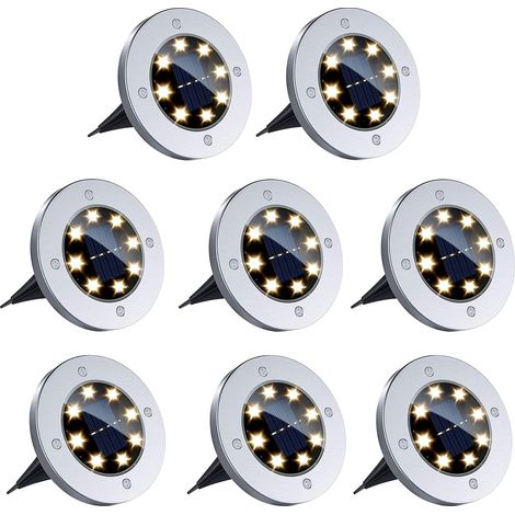 Spot LED Solaire Encastré - IP65 - Acier Inoxydable - 8 Unités - Blanc Chaud - Pour Jardin Allée Pelouse Chemin