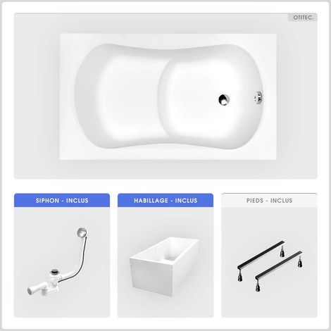 Baignoire rectangulaire - 120 x 70 cm - avec Habillage Polystyrène - Pieds - Poignées - Vidage Chrome - ARIA REHAB (1/5)