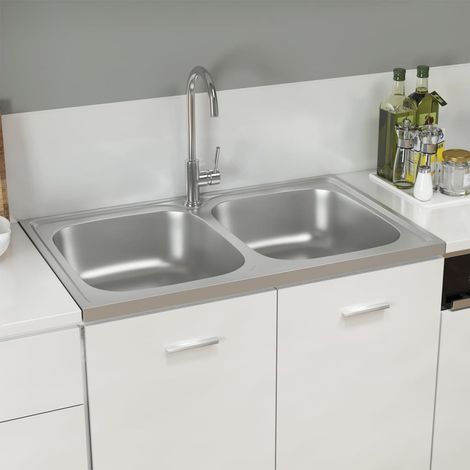 Évier Cuisine à double lavabo - Cuve de cuisine Argenté 800x500x155 mm Inox BV381240 - BonneVie (1/5)