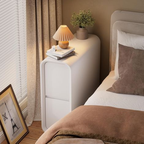 Table de Chevet Étroite en Bois Massif,Table de Lit Bout de Canapé avec Surface en Cuir,20 cm Meuble de Rangement Compacte Blanche avec 2 tiroirs, pour Petits Espaces,sans Installation (1/5)