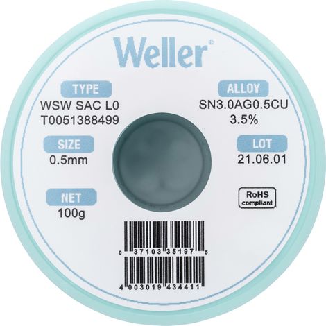 Weller WSW SAC L0 Lötzinn, bleifrei Spule Sn3,0Ag0,5Cu 100 g 0.5 mm (1/5)