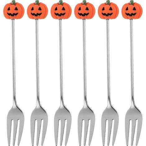Lot de 6 fourchettes à gâteau en acier inoxydable, motif citrouille, pour Halloween-12.90X1.50X0.50CM-Silver (1/4)