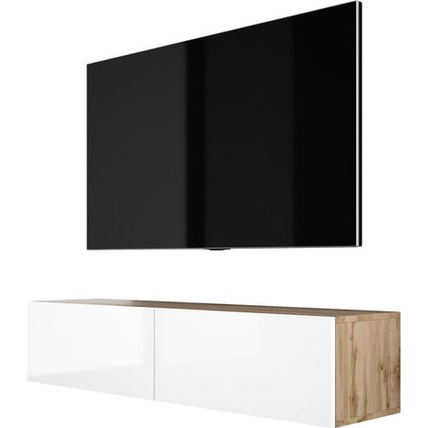 Meuble TV Suspendu, 140 × 34 × 32 cm, Chêne Wotan / Blanc Brillant (1/5)