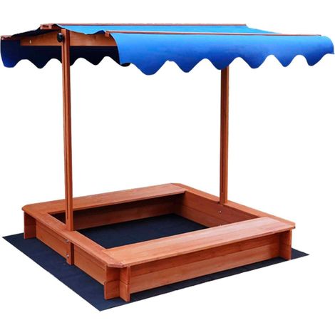 Bac à sable avec toit et banc, en bois, 114 x 114 x 114 cm, protection UV, bleu, avec tissu non tissé, le sac de sable convient uniquement aux enfants (1/5)