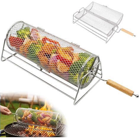 1 Panier À Griller Roulant, Acier Inoxydable 304, Poignée En Bois Amovible, Maille Renforcée, Pour Légumes, Viandes, Camping (1/5)