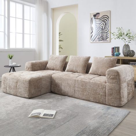 Modernes Sektionssofa, L-Sofa, 3-Sitzer-Sofa, keine Installation erforderlich, Chenille-Sofa mit Chaiselongue und Armlehnen, 3 Kissen, Seitentasche für Fernbedienung, khaki
