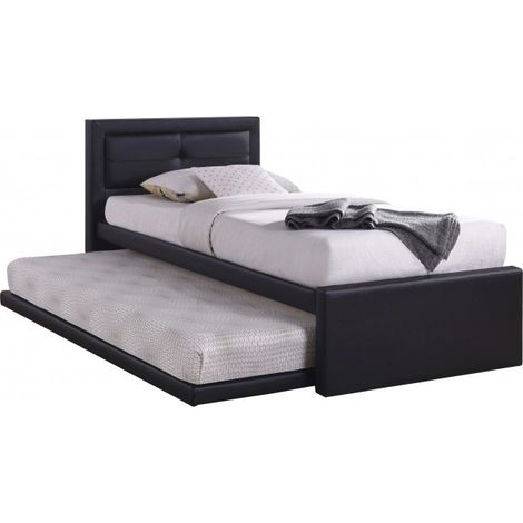 Cama con cama nido RODAN 90x200 cm en cuero sintético color negro, somier incluido.