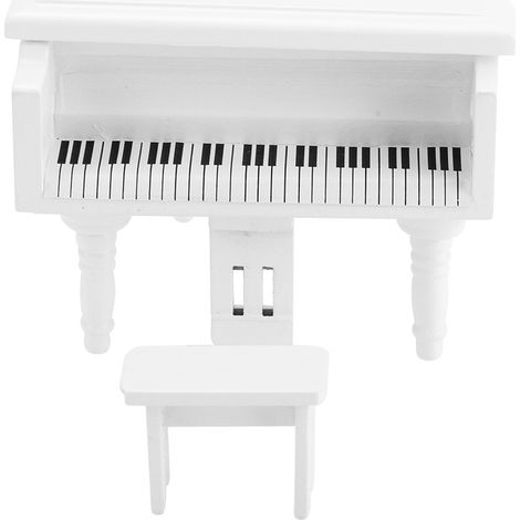 Mini Piano en Bois pour Maison de Poupée 1:12 avec Tabouret - Décoration Blanche (1/5)