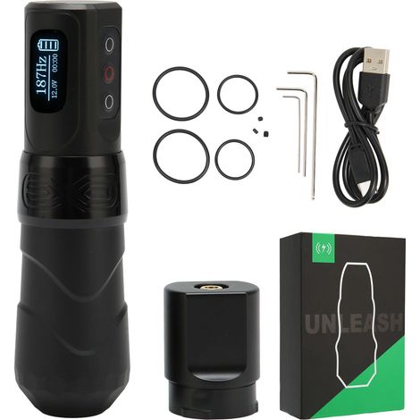 Stylo de tatouage rotatif sans fil, écran OLED, connecteur RCA, alimentation haute vitesse, pile 2400mAh, noir mat, kit de tatouage professionnel. (1/5)