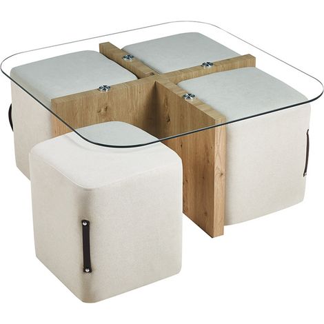 Mobilier Deco – Table basse fixe en verre avec socle bois – 4 poufs en tissu écru – Design contemporain pour salon – Gain de place optimal (1/5)