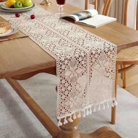 Gehäkelter Tischläufer, klassische beige Spitzentischdecke im Bohème-Stil, Vintage-Tischdekoration mit Pompons für Küche, Mahlzeiten und Partys. (1/5)