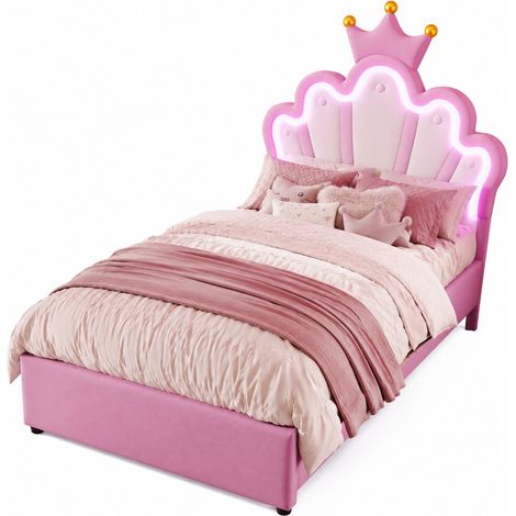 Letto imbottito 90x200 cm rosa con 2 cassetti, testiera regolabile e luce LED a 16 colori, senza materasso, CHICFURN (1/5)