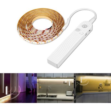 Bande lumineuse LED rechargeable avec détecteur de mouvement et intensité réglable pour placards, couloirs, escaliers (3 m, blanc froid) (1/4)