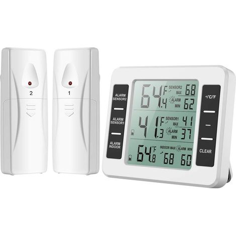 Refrigerator thermometer, freezer thermometer with alarm, wireless indoor/outdoor thermometer with 2 sensors, MIN/MAX display and temperature alarm, smart thermometer for home (1/5)