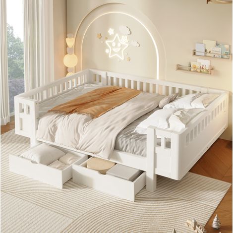 Lit enfant 140 x 200 cm avec protection haute et 2 tiroirs, blanc HAVRYA (1/5)