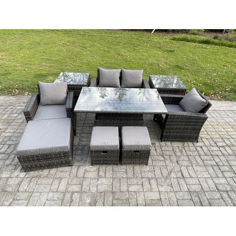 Fimous High Back Rattan Garden Furniture Sofa Sets with Height Adjustable Rising Lifting Table 2 Side Tables 3 Footstools Dark Grey Mixed (1/5)
