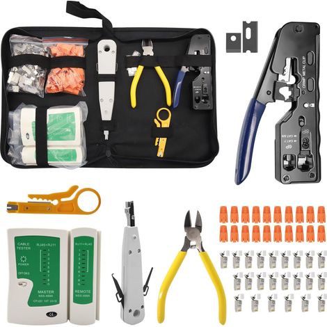 Network Tool Kit, RJ45 Crimping Pliers Network Connector Kit with 20 x RJ45 Connectors Cat7/Cat6a Pass Through, Network Tester, LSA Laying Tool, Wire Stripper, Repair Tools RJ45/11/12 (1/5)
