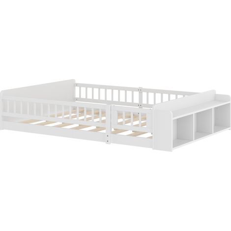 Cama infantil de pino blanco 140 x 190 cm con almacenaje abierto y barrera con puerta (1/5)
