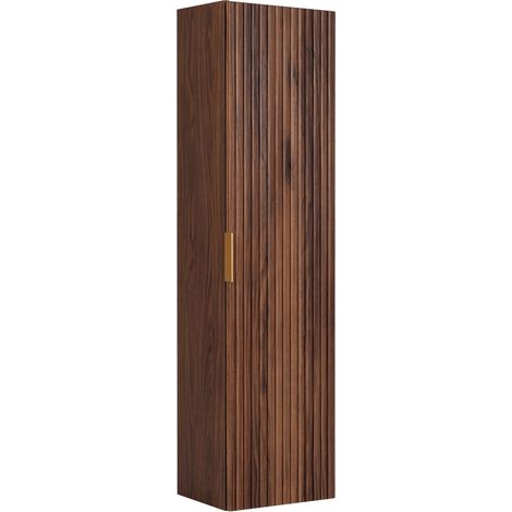 Furnidea - Meuble colonne suspendu de salle de bain FLOW noyer 35x136 cm - une porte - façades rainurées (1/5)