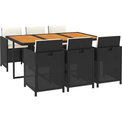 Set de comedor de jardín 7 pzas y cojines ratán sintético negro vidaXL