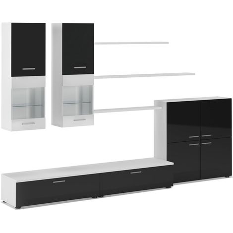 Skraut Home - Mueble comedor moderno, salón con luces Leds, acabado en Negro Brillo Lacado y Blanco Mate, medidas: 300x189x42cm (1/5)
