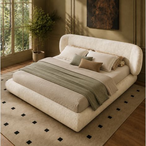 MODFU – Cama de matrimonio 140x200 cm de chenilla con cabecero acolchado, espuma de 12 cm, somier de láminas y carga 300 kg – Beige (1/5)