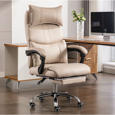 Bürostuhl 70x70x112-122 cm beige aus Tech-Stoff mit verstellbarer Lendenstütze und Fußstütze (1/4)