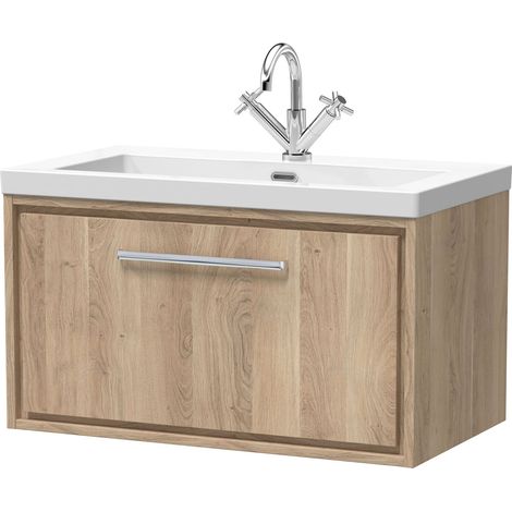 Longnor 1 Drawer Wall Hung Vanity Unit with 1 Tap Hole Modern Fireclay Basin, Light Oak, 800mm