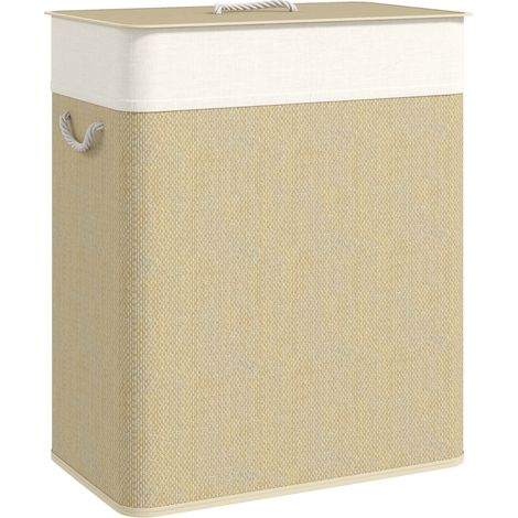 Cesta de ropa de bambú con tapa 2 compartimentos 100 L recolector de ropa con asas de cuerda, bolsa de ropa extraíble (1/5)