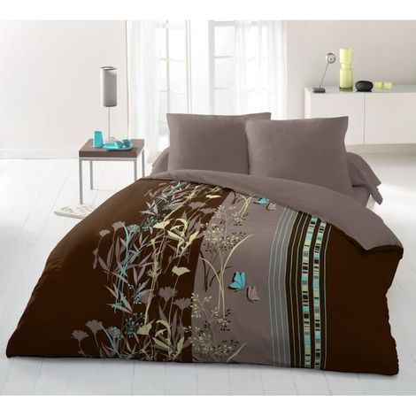 Parure de lit microfibre chocolat 240 x 260 cm – Housse de couette et taies à fermeture zippée – Motifs fleuris – Home Linge Passion