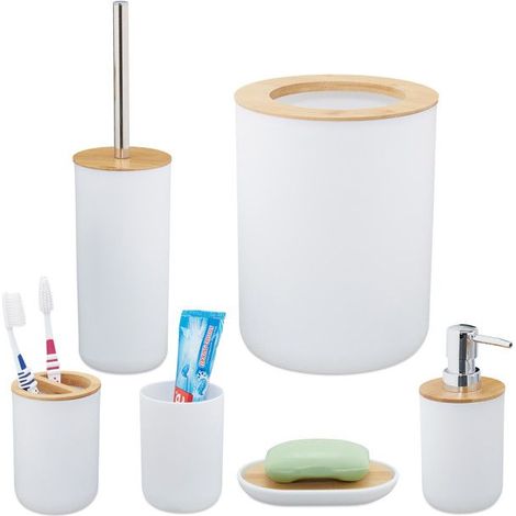 6 accessoires salle de bain, plastique et bambou, design épuré, blanc, lot complet pour salle de bain moderne (1/5)