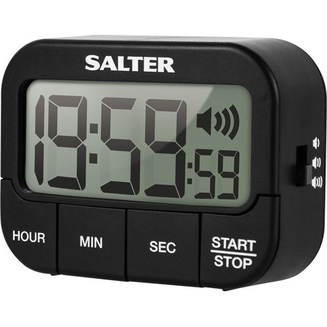 Salter 355 BKXCDU Premium Timer elettronico, magnetico/autoportante, conto su/giù, 19 ore e 59 minuti e 59 secondi, cicalino alto con 3 volumi, funzione di memoria, timer cucina simpatico, nero (1/4)