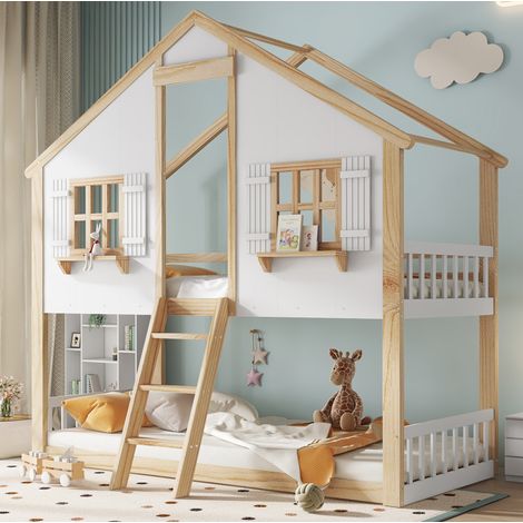 Letto a castello 90x200 cm bianco e naturale, in pino e MDF con scala inclinata (1/5)
