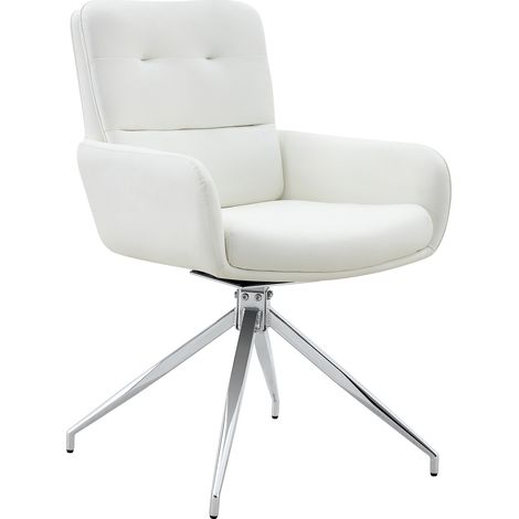 2er Set Esszimmerstühle Drehbar, Gepolsterte Rückenlehne mit Knopfheftung, Metall und PU, Silber und Weiß (1/5)