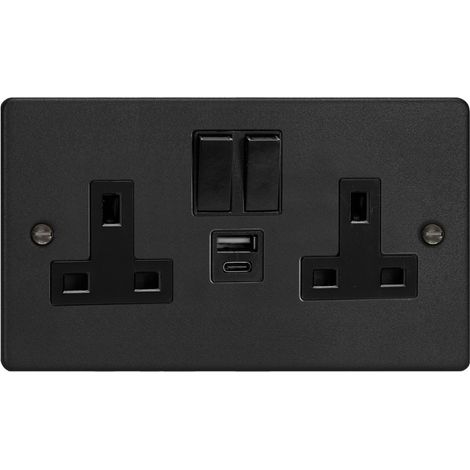 Varilight 2-Gang Metal Switched Double Socket with 20W Shared USB-A & USB-C, Matt Black