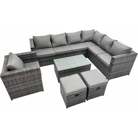 Fimous Patio Sofa Oblong Coffee Table Set Rattan Garden Furniture Set with 2 Small Stools Dark Grey Mixed (1/5)