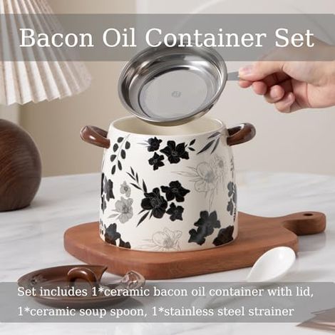 Bac à graisse de bacon en céramique avec passoire et cuillère, 42 oz (environ 1199,2 g) Farmhouse Flower grand bac à graisse, convient pour le bacon, décoration de cuisine, lavable au lave-vaisselle ( (1/4)