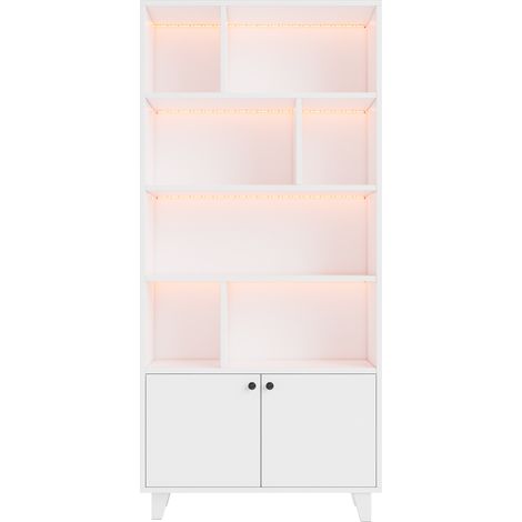 Librería blanca 80x30x173 cm con puertas, LED y estructura de MDF con patas de madera MODENUIT (1/5)