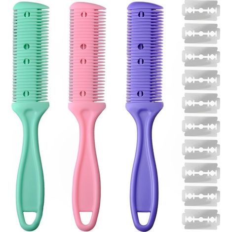 Juego de 3 peines de entresacar - Herramientas de corte de cabello de doble cara - Incluye 10 cuchillas de repuesto - Para adultos y niños