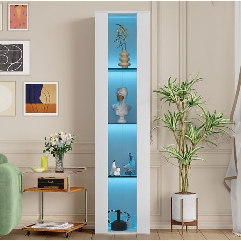 Vitrina (40x29x170 cm), con 4 niveles, iluminación LED multicolor controlada por APP, panel acrílico, blanca