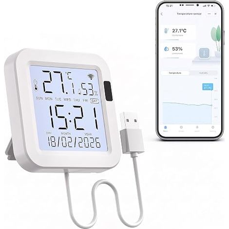 Thermomètre Connecté WiFi, Thermomètre Hygromètre avec Application pour Température et Humidité, Surveillance à Distance, Alertes Intelligentes, Historique des Données pour Maison (1/5)
