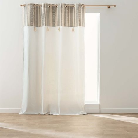 Rideau à œillets Solando – 140 x 240 cm – Coton/Polyester avec top métallisé et pompons - 140x240cm - Naturel (1/5)