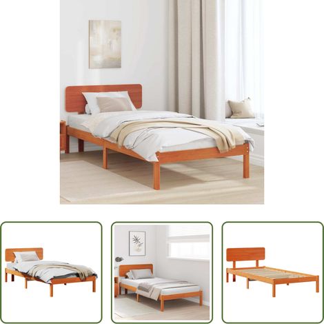 Lit pin massif - Cadre de lit avec tête de lit Brun cire 90 x 190 cm Pin massif (1/5)